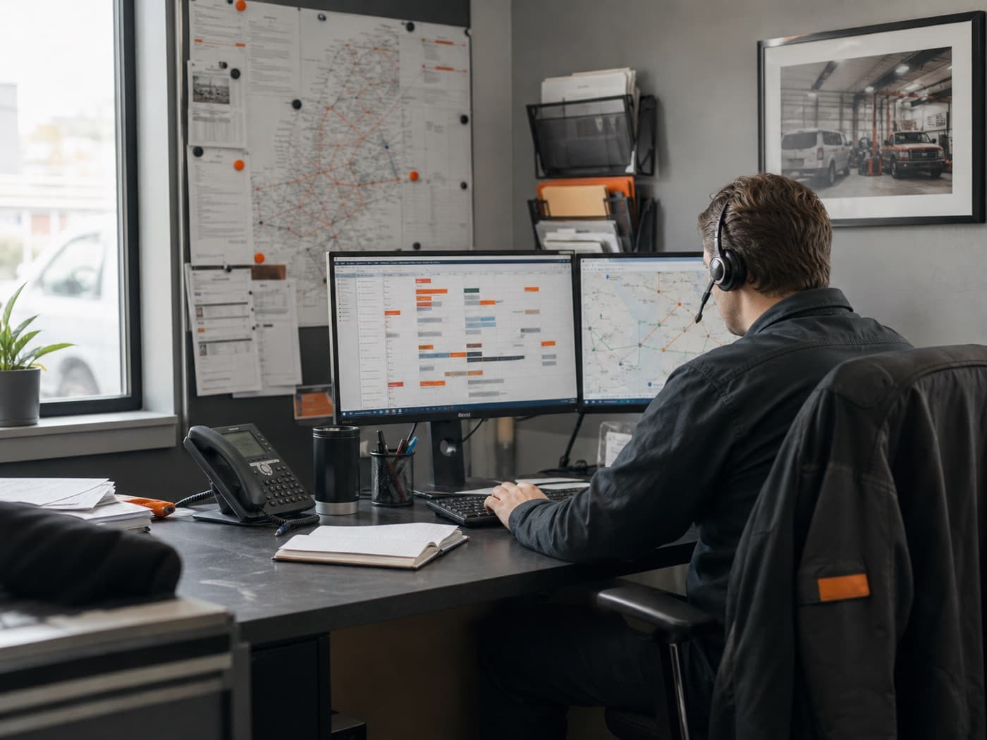 Field-service dispatcher coordinating jobs from a practical two-monitor operations desk