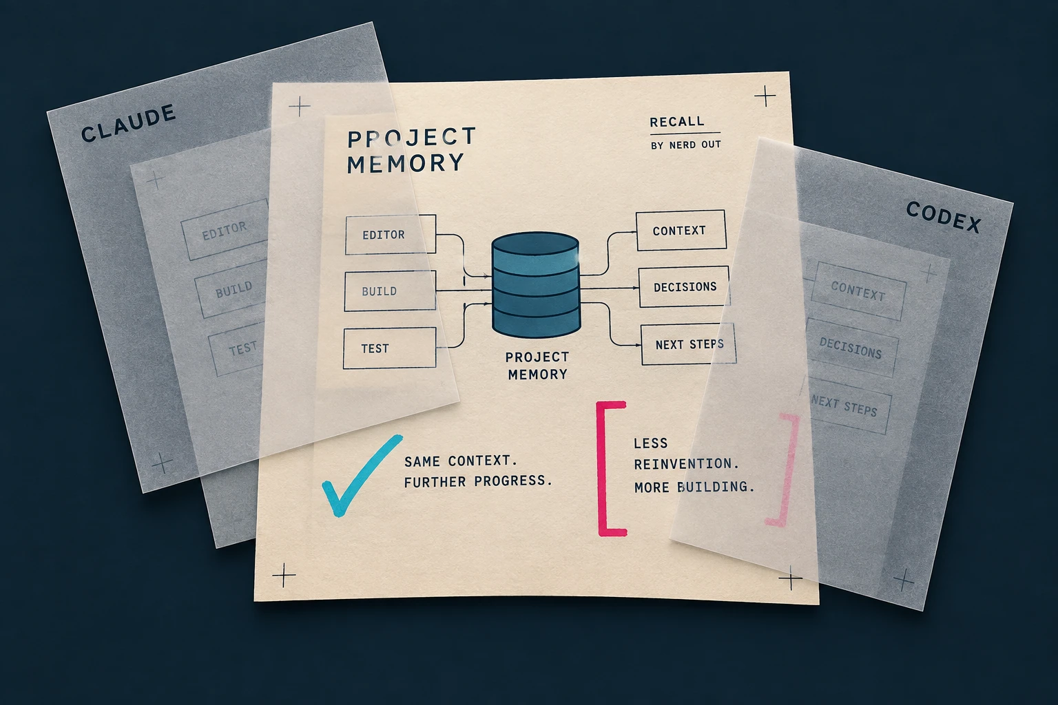 Claude and Codex tracing-paper overlays share one project memory containing context, decisions, and next steps.