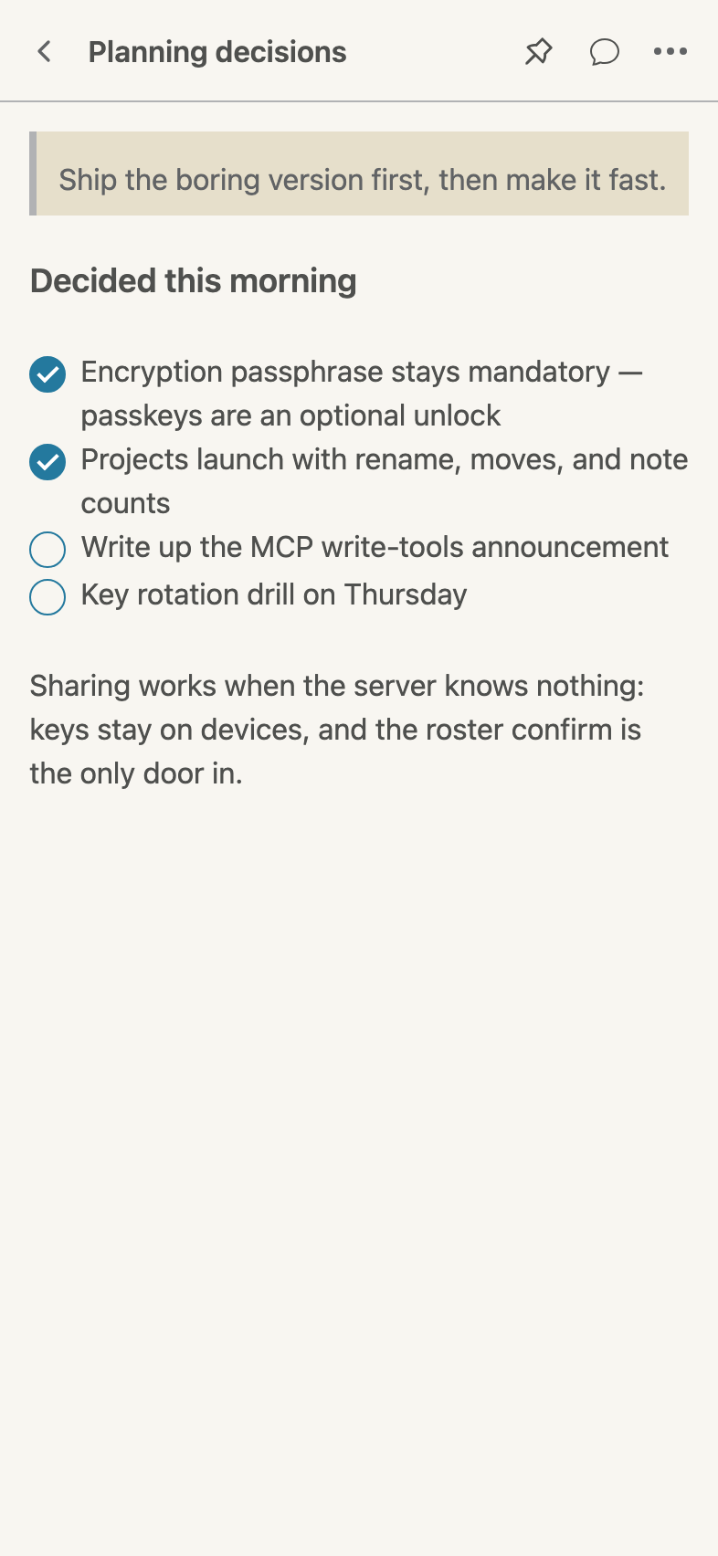 Recall on an iPhone with the note Planning decisions open, showing its quoted opening line and a checklist.